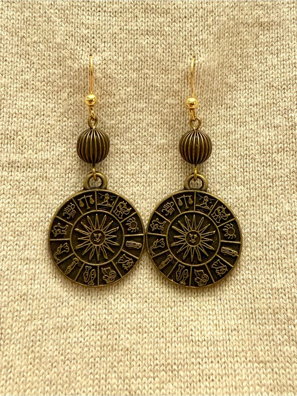 Bronze Zodiac Sun Disk Drop Earrings